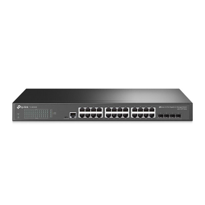 Switch TP-Link Gigabit Ethernet V1, 24 Puertos 10/100/1000Mbps + 4 Puertos SFP, 56 Gbit/s, 8.000 Entradas - Administrable - TL-SG3428