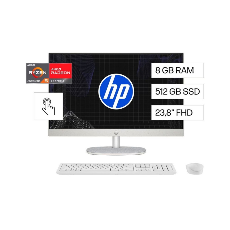 HP All in One 24-cr0256la, AMD Ryzen 5 7520U, 8GB RAM LPDDR5, 512GB SSD, Pantalla 23.8" táctil, Windows 11 Home, - BA1V8LA#ABM